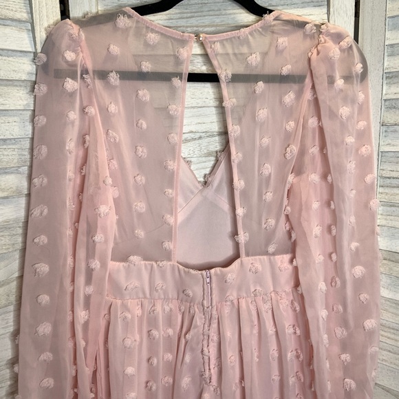 Honey and Rosie Light Pink Swiss Dot Sheer V Neck Long Sleeve Mini Sundress 3 - Picture 9 of 14